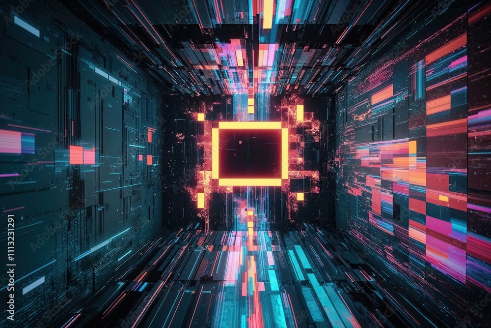 Obraz premium Illuminated Pixel Glitch Art Abstract Error Backgrounds and Vintage Aesthetic Visuals