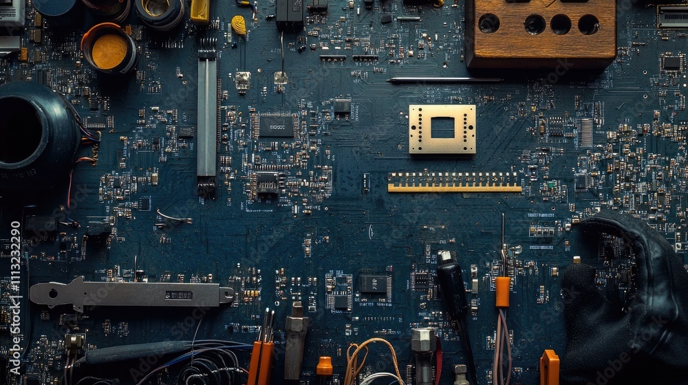 Fototapeta premium Detailed Circuit Board Layout with Electronic Components and Tools