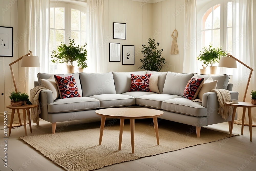Fototapeta premium Light grey corner sofa in a bright living room with natural light, wooden coffee table, plants, and cushions.