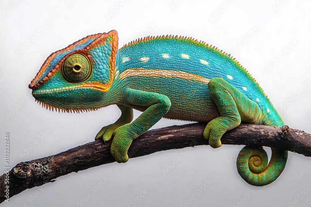 Obraz premium realistic chameleon perched on branch close-up hyper-realism soft lighting details texture reptile nature exotic