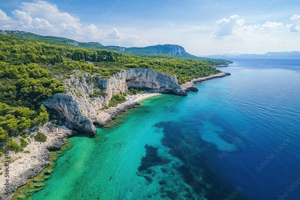 Fototapeta premium Secluded cove with turquoise water and lush greenery.