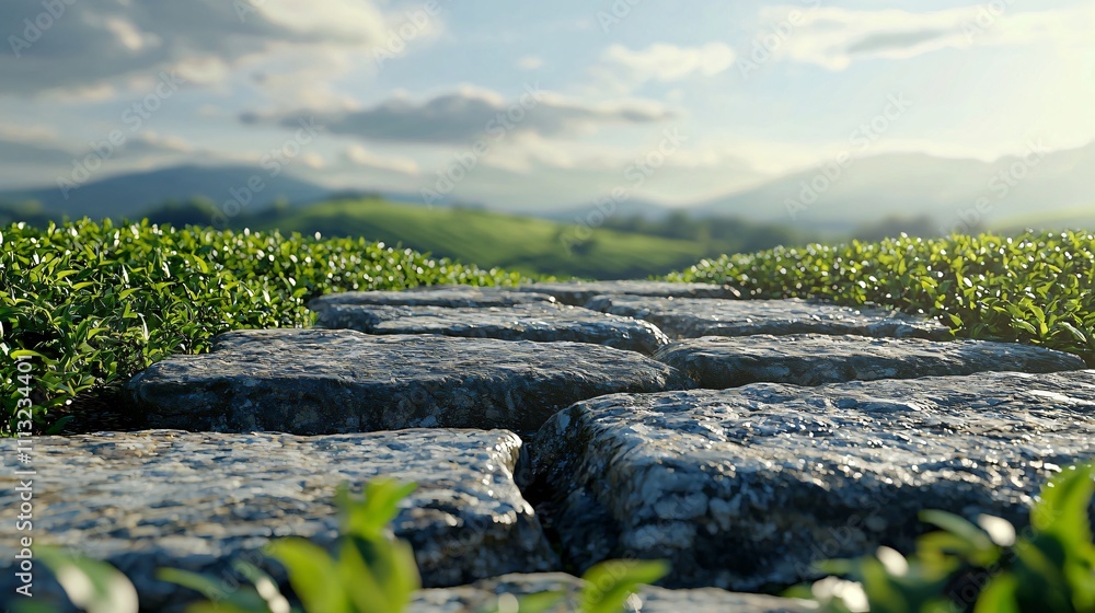 Naklejka premium Serene Stone Path in Lush Green Tea Plantation Landscape