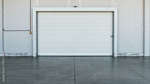 Spacious Modern Garage with White Roll-Up Door and Gray Concrete Floor, Perfect for Showcasing Vehicles or Storage Solutions photo