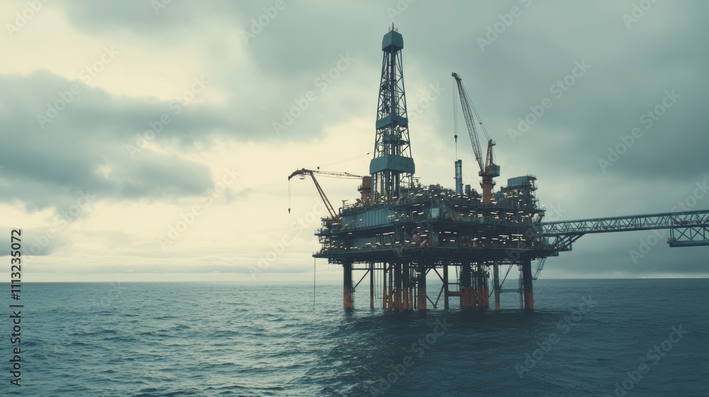 A rugged offshore oil rig platform with drilling equipment and workers ...