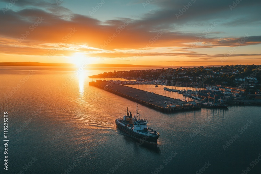 Fototapeta premium Sunrise over harbor with ship.