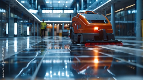 Autonomous robotic floor cleaning machine operating in a modern futuristic industrial warehouse setting  Shiny reflecting floors and blue lighting create a high tech efficient commercial environment
