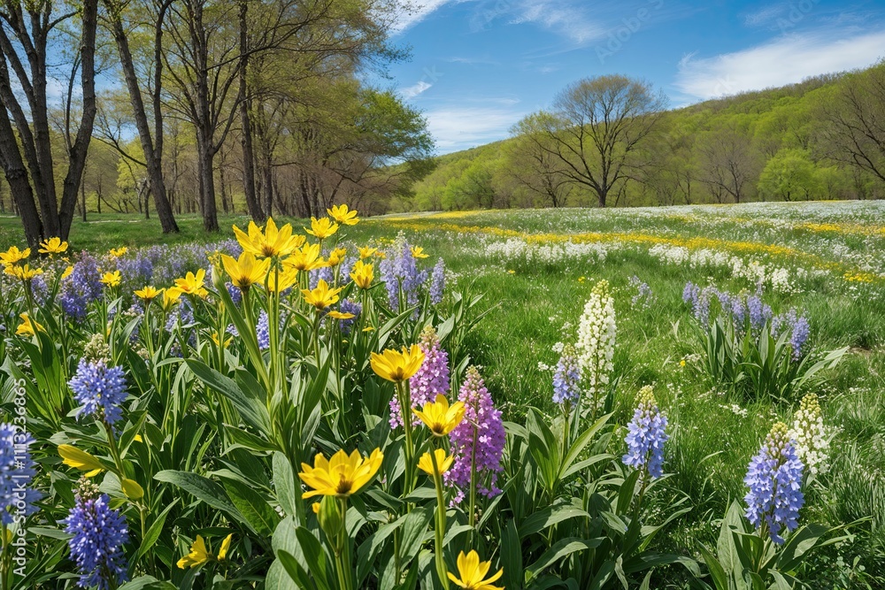 Fototapeta premium Vibrant Wildflower Meadow in Full Bloom Beneath Clear Spring Sky