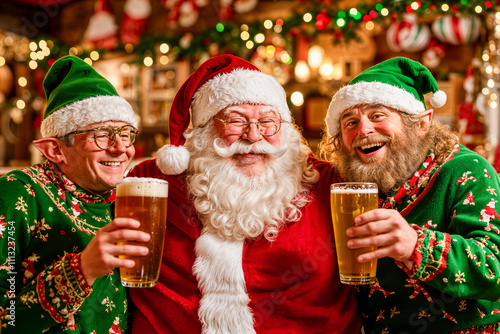 Santa Claus and two elves drinking beer in a pub, Christmas holiday cheer