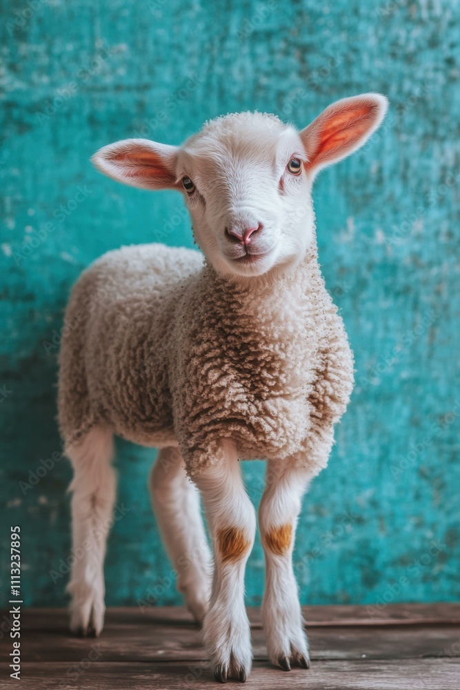 Obraz premium Adorable young lamb standing on a wooden surface. AI.