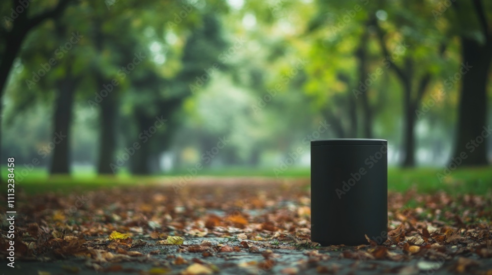 Black cylinder sits on autumn leaves path.