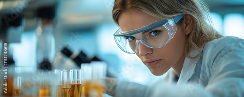 Focused female scientist in lab coat examines test tubes filled with liquid. Serious expression, safety goggles. Science lab environment. Possible research experiment in progress. Potential for