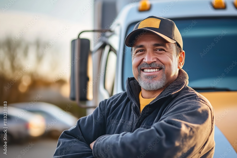 Obraz premium Smiling mature man stands near truck. Confident worker in work clothes poses outdoors. Man looks happy, satisfied. Possible scenario transportation worker enjoying day off preparing for work. Good