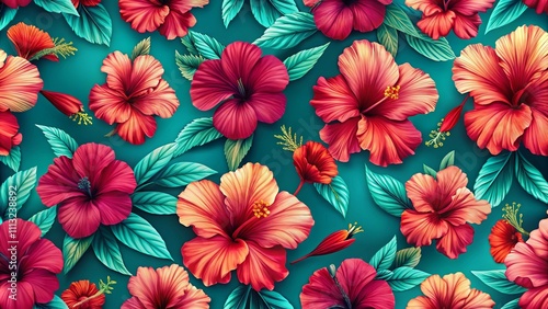 Vibrant Hibiscus Floral Pattern on Teal Background Botanical Illustration of Tropical Flowers and Lush Green Leaves