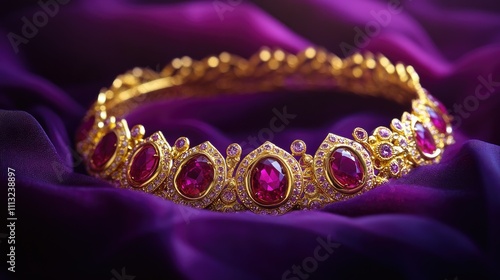 Elegant Golden Crown with Red Gems Resting on Velvet Fabric photo