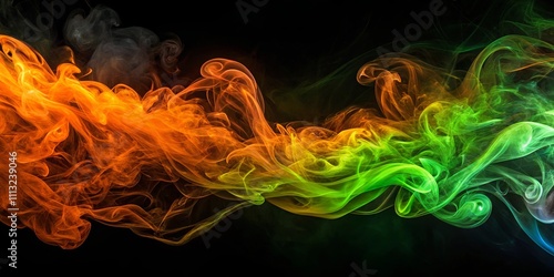 Abstract swirling vibrant smoke design with orange and green hues on black background