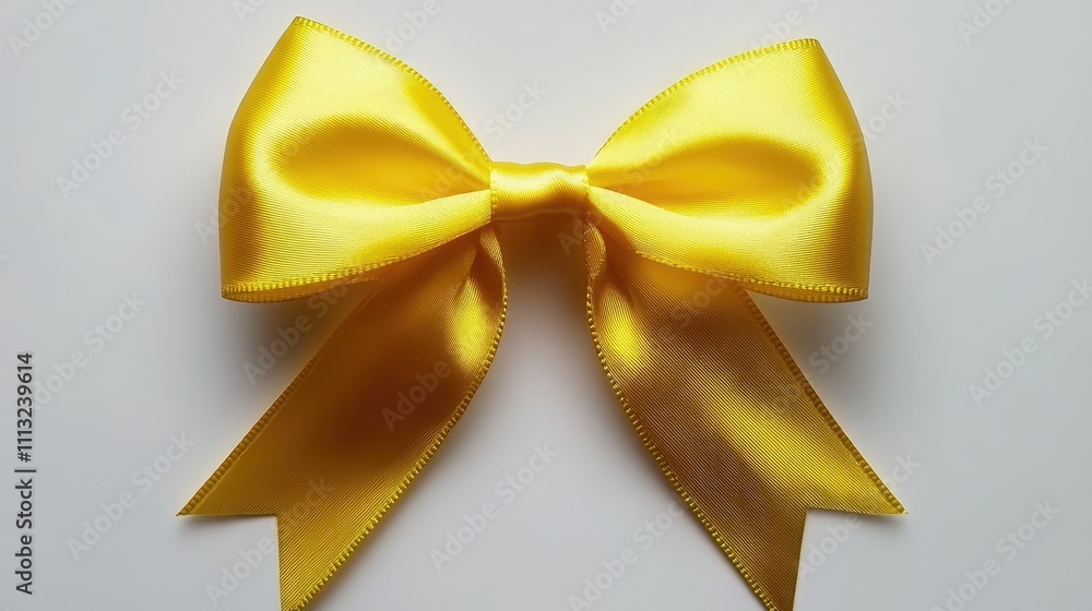 A vibrant yellow satin bow with long tails, often used for decoration or gift wrapping. A vibrant yellow satin bow with long tails, often used for decoration or gift wrapping.