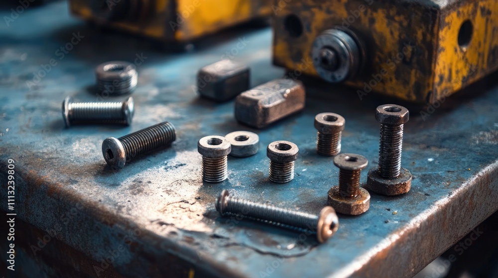 Close-Up of Various Metal Fasteners on Workshop Table Surface Close-Up of Various Metal Fasteners on Workshop Table Surface