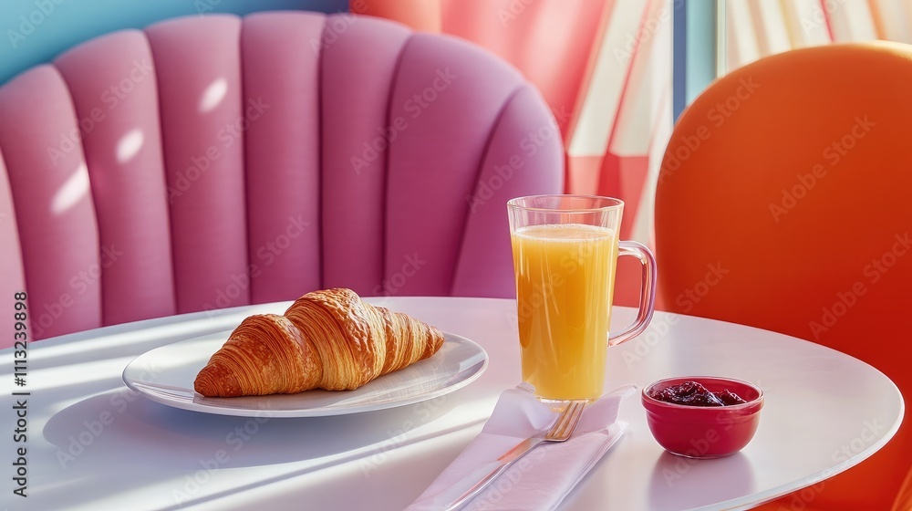 Bright and Colorful Breakfast Setting with Croissant and Fresh Juice on Table Surrounded by Modern Furniture in Trendy Café Environment Bright and Colorful Breakfast Setting with Croissant and Fresh Juice on Table Surrounded by Modern Furniture in Trendy Café Environment