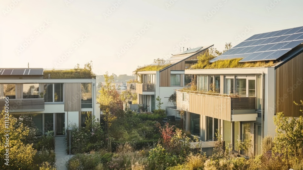 A serene shot of a sustainable housing project with solar panels and green roofs under a clear sky, Sustainable housing scene, Eco-friendly and renewable style A serene shot of a sustainable housing project with solar panels and green roofs under a clear sky, Sustainable housing scene, Eco-friendly and renewable style