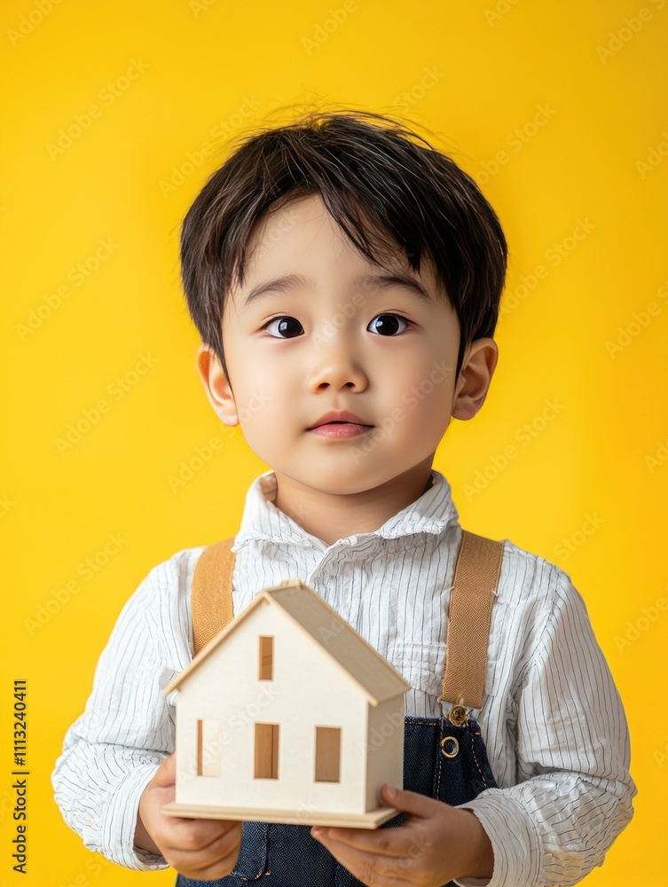 Cute Toddler Holding Wooden House Model Child Dreams Home Sweet Home Concept Cute Toddler Holding Wooden House Model Child Dreams Home Sweet Home Concept