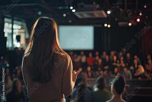 Woman speaker addressing a large audience at a conference.