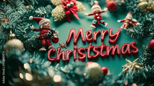 Featuring Jolly Delight: Merry Christmas crafted in bold red on a soft green background, with playful elves and festive decorations around the text. photo