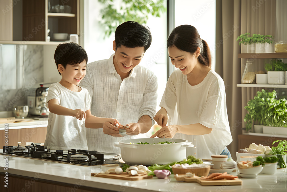 Parents and children joyfully cooking together in a cozy kitchen at home. Parents and children joyfully cooking together in a cozy kitchen at home.
