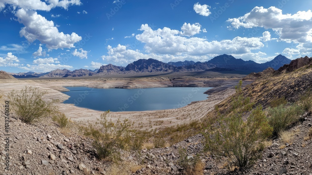 Serene Desert Landscape with Blue Water and Majestic Mountains Serene Desert Landscape with Blue Water and Majestic Mountains