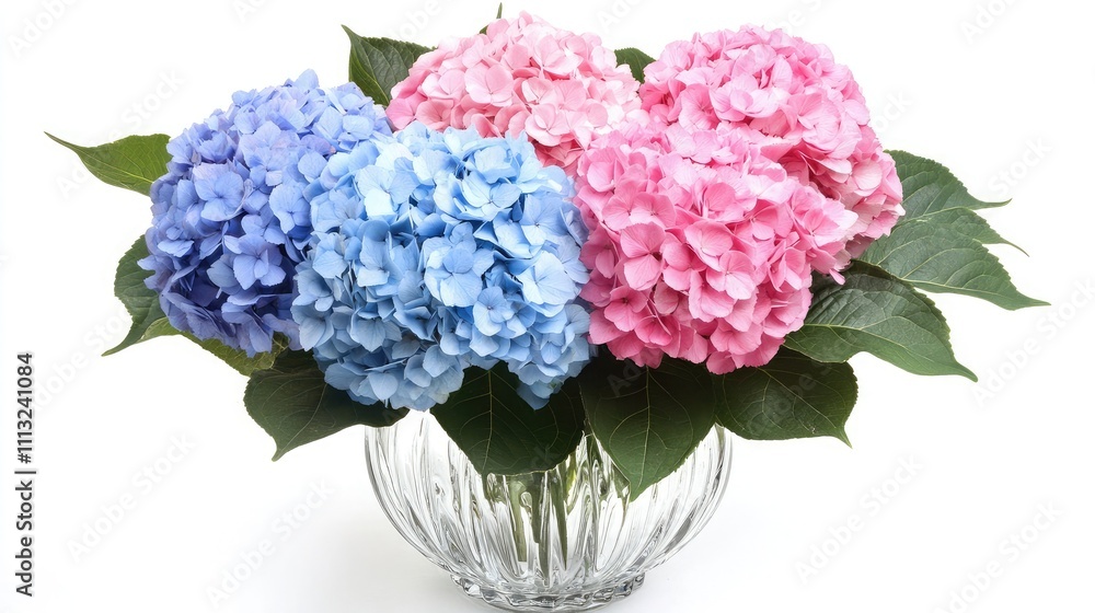Fototapeta premium Vibrant Arrangement of Blue, Pink, and Purple Hydrangea Flowers in a Glass Vase with Green Leaves Against a Bright Background
