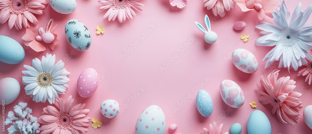 Design a cheerful copy space background for Easter, featuring pastel colors, playful Easter eggs, and soft floral elements, creating a joyful and inviting canvas for springtime greetings and messages. Design a cheerful copy space background for Easter, featuring pastel colors, playful Easter eggs, and soft floral elements, creating a joyful and inviting canvas for springtime greetings and messages.