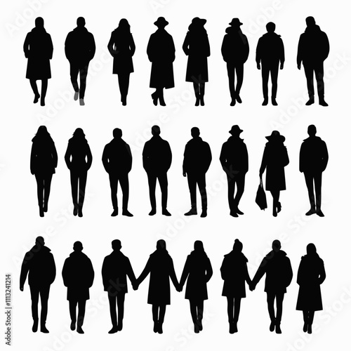 Silhouettes of different people standing and walking in warm outerwear (coats, raincoats, jackets). Male and female, couple, group characters vector monochrome illustrations, icons.