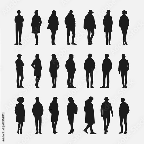 Silhouettes of different people standing and walking in warm outerwear (coats, raincoats, jackets). Male and female, couple, group characters vector monochrome illustrations, icons.
