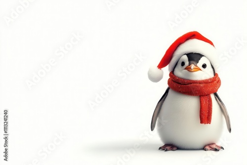 Cheerful penguin wearing Santa hat and scarf, ready for winter fun!