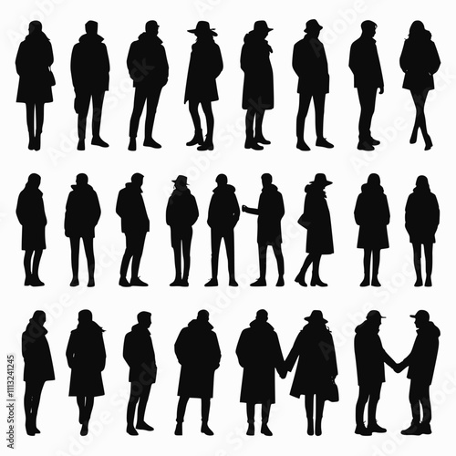 Silhouettes of different people standing and walking in warm outerwear (coats, raincoats, jackets). Male and female, couple, group characters vector monochrome illustrations, icons.