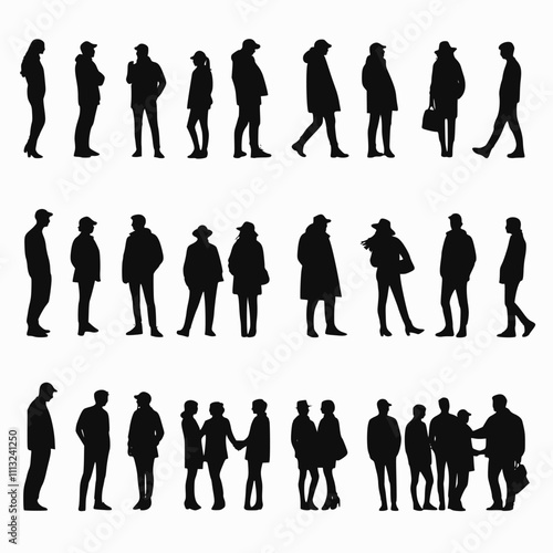 Silhouettes of different people standing and walking in warm outerwear (coats, raincoats, jackets). Male and female, couple, group characters vector monochrome illustrations, icons.