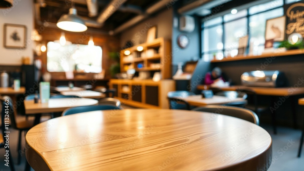 Cozy Wooden Cafe Interior with Round Tables and Warm Atmosphere, Perfect for Relaxing and Working Cozy Wooden Cafe Interior with Round Tables and Warm Atmosphere, Perfect for Relaxing and Working