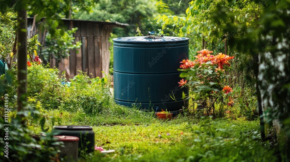 Green Water Barrel Surrounded by Lush Garden and Colorful Flowers Green Water Barrel Surrounded by Lush Garden and Colorful Flowers