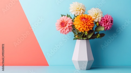 Wallpaper Mural A Vibrant Arrangement of Multi-Colored Dahlias in a Modern Geometric Vase Against a Brightly Colored Background for Contemporary Decor Inspiration Torontodigital.ca