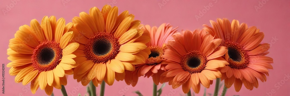 Gerbera daisies in shades of orange and yellow against a bright pink background , gerbera daisies, colorful blooms Gerbera daisies in shades of orange and yellow against a bright pink background , gerbera daisies, colorful blooms