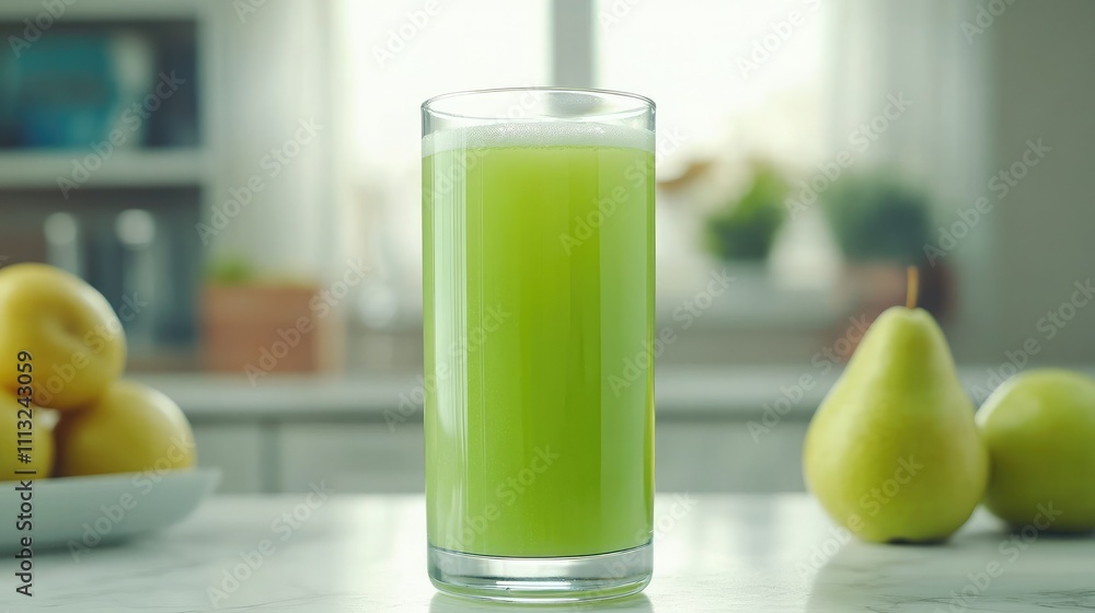 Refreshing Green Juice in a Tall Glass Surrounded by Fresh Pears and Apples on a Bright Kitchen Counter, Showcasing Healthy Living and Natural Ingredients Refreshing Green Juice in a Tall Glass Surrounded by Fresh Pears and Apples on a Bright Kitchen Counter, Showcasing Healthy Living and Natural Ingredients