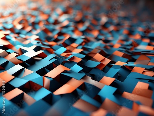 A colorful abstract image showcasing a vibrant pattern of 3D geometric blocks and waveforms. The dynamic design displays a captivating mix of red, blue, and orange hues photo