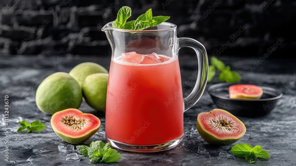 Refreshing Guava Drink in a Clear Pitcher with Fresh Mint Leaves and Juicy Slices on a Dark Rustic Background Refreshing Guava Drink in a Clear Pitcher with Fresh Mint Leaves and Juicy Slices on a Dark Rustic Background