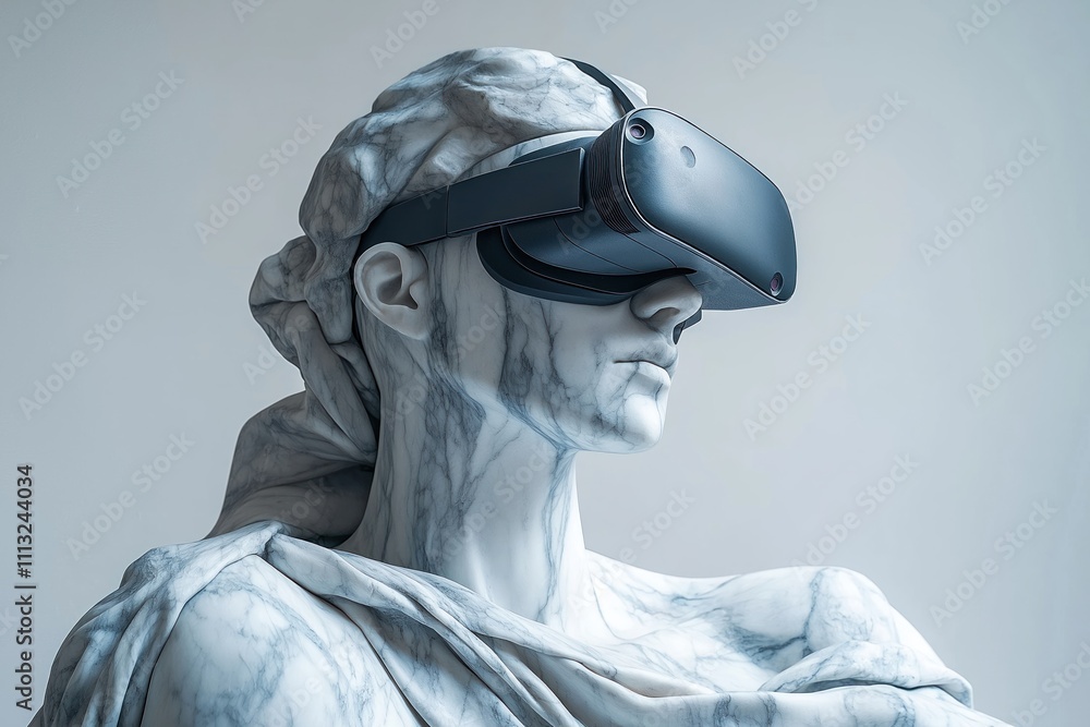 Marble statue wears VR headset. Ancient art meets modern tech. Innovative concept for metaverse design. Suitable for tech art banners. Digital art meets classic sculpture. Futuristic vision of future Marble statue wears VR headset. Ancient art meets modern tech. Innovative concept for metaverse design. Suitable for tech art banners. Digital art meets classic sculpture. Futuristic vision of future