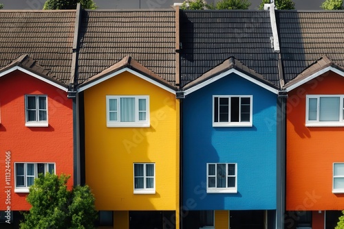 Colorful houses with vibrant roofs and unique designs create lively atmosphere