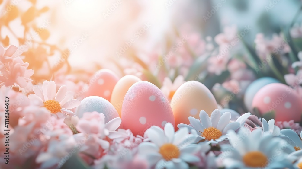Design a cheerful copy space background for Easter, featuring pastel colors, decorative eggs, and spring flowers, creating a joyful and inviting setting perfect for festive greetings and messages. Design a cheerful copy space background for Easter, featuring pastel colors, decorative eggs, and spring flowers, creating a joyful and inviting setting perfect for festive greetings and messages.