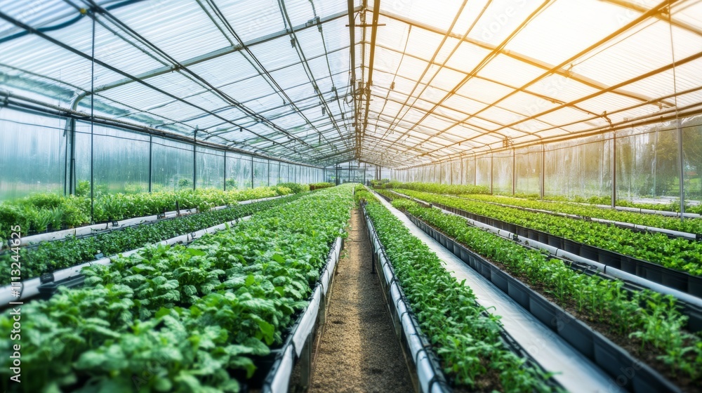 A sprawling agricultural greenhouse filled with rows of hydroponic crops and automated watering systems, Agricultural greenhouse scene, Modern and sustainable style A sprawling agricultural greenhouse filled with rows of hydroponic crops and automated watering systems, Agricultural greenhouse scene, Modern and sustainable style