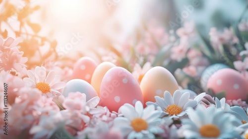 Design a cheerful copy space background for Easter, featuring pastel colors, decorative eggs, and spring flowers, creating a joyful and inviting setting perfect for festive greetings and messages. 