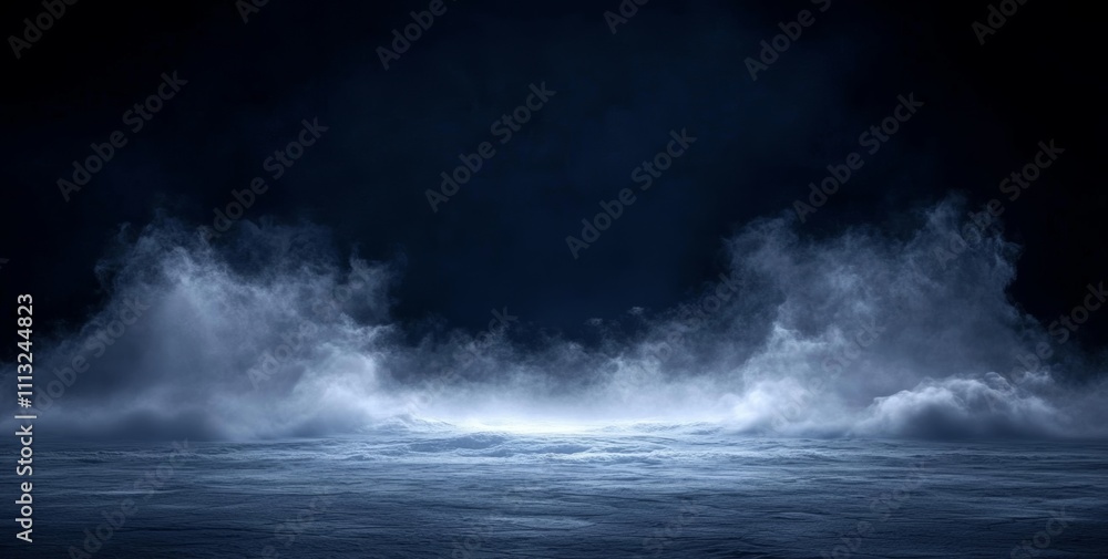 Dark Mysterious Scene with Glowing Icy Surface and Swirling Fog Dark Mysterious Scene with Glowing Icy Surface and Swirling Fog