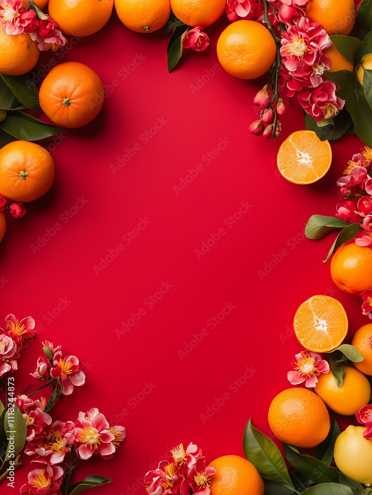 Chinese lunar new year banner poster in auspicious red with tangerines and plum blossoms. Copy space Chinese lunar new year banner poster in auspicious red with tangerines and plum blossoms. Copy space