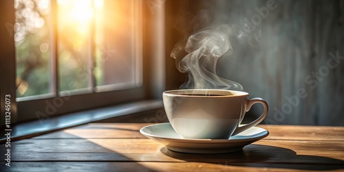 Aromatic steam rises from a cup of coffee on a sunlit wooden table by a window photo